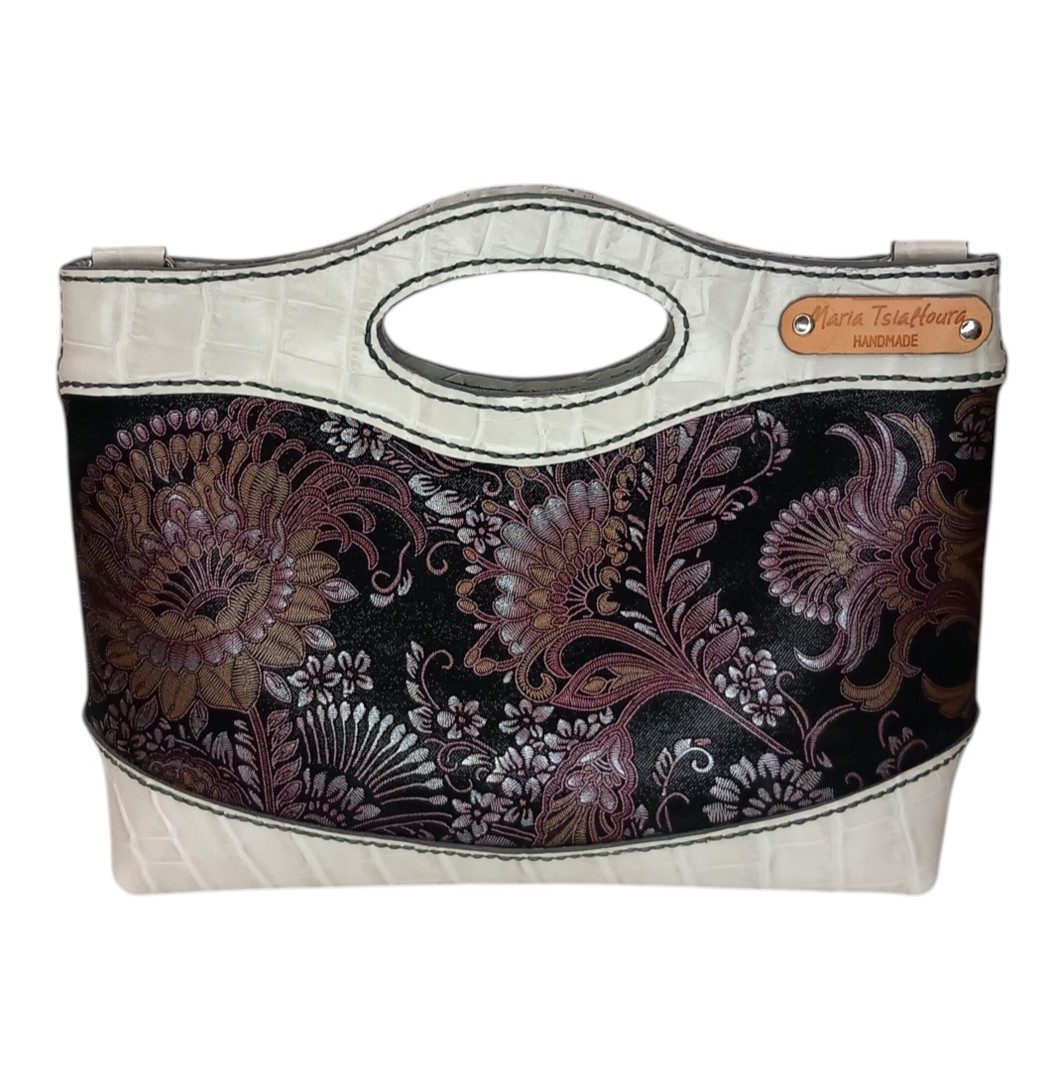 MARA floral bag χειροποίητη δερμάτινη τσάντα με μαύρο floral σχέδιο και off white croco