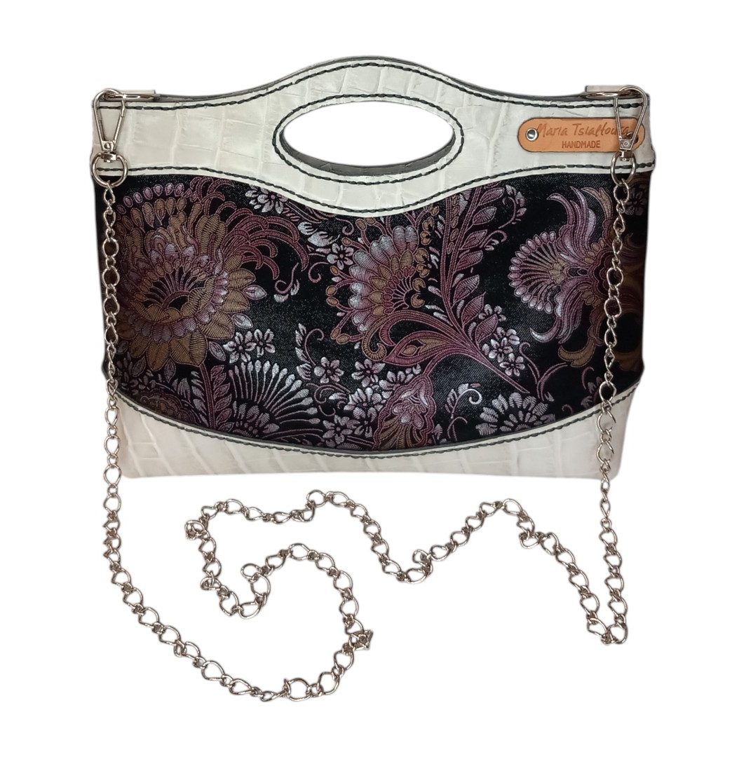 MARA floral bag χειροποίητη δερμάτινη τσάντα με μαύρο floral σχέδιο και off white croco