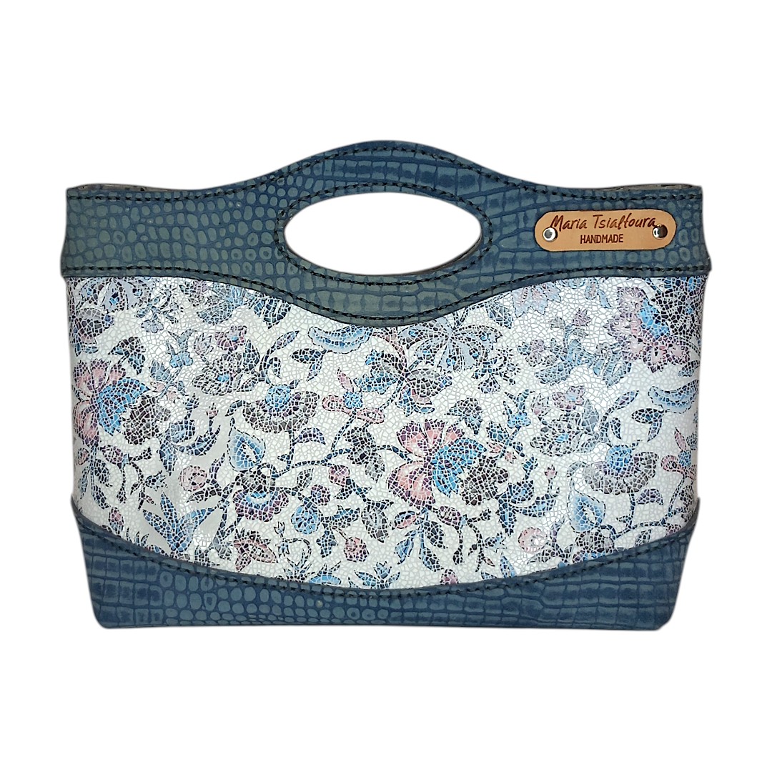 MARA handmade leather shoulder bag floral mosaic in ivory and slate blue