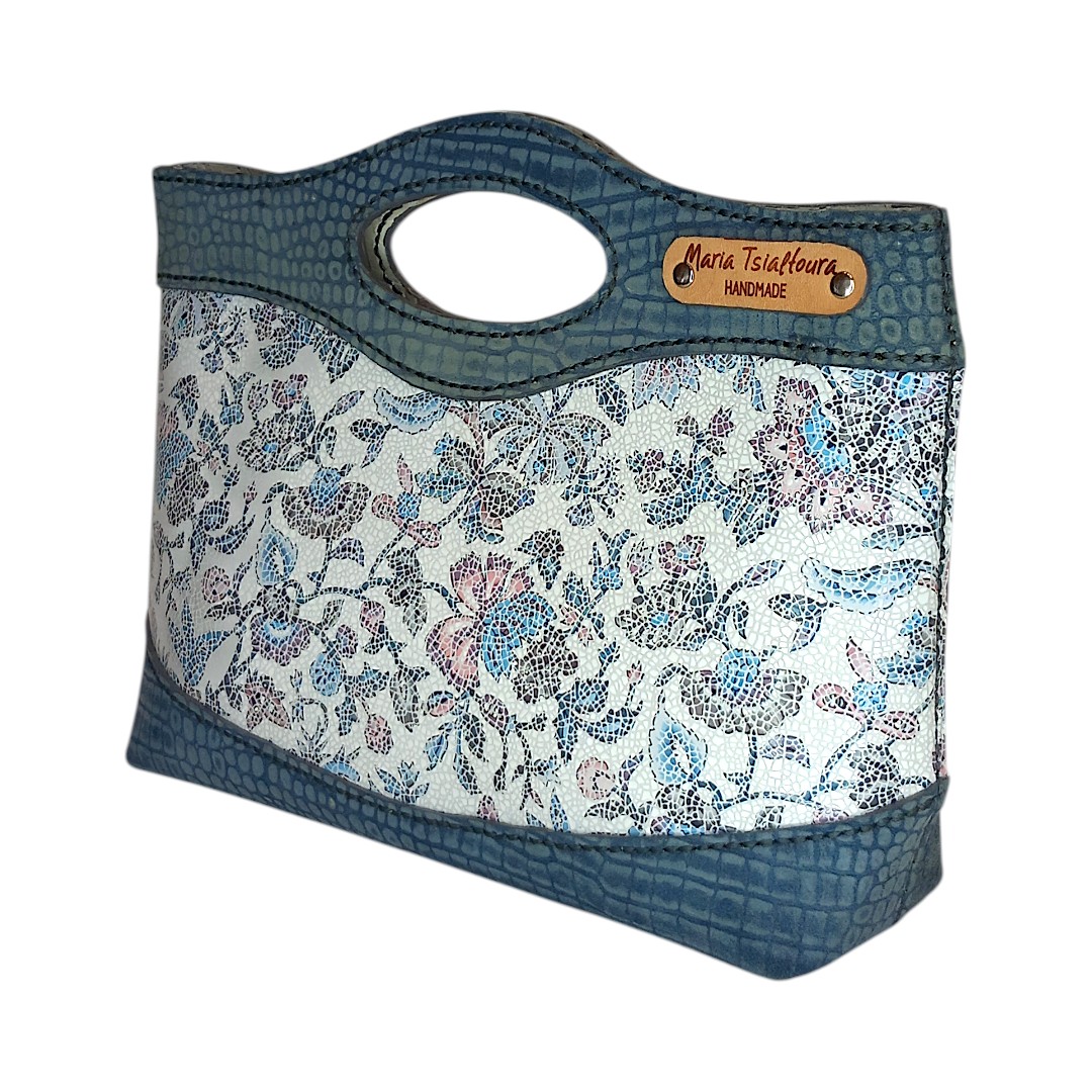 MARA handmade leather shoulder bag floral mosaic in ivory and slate blue