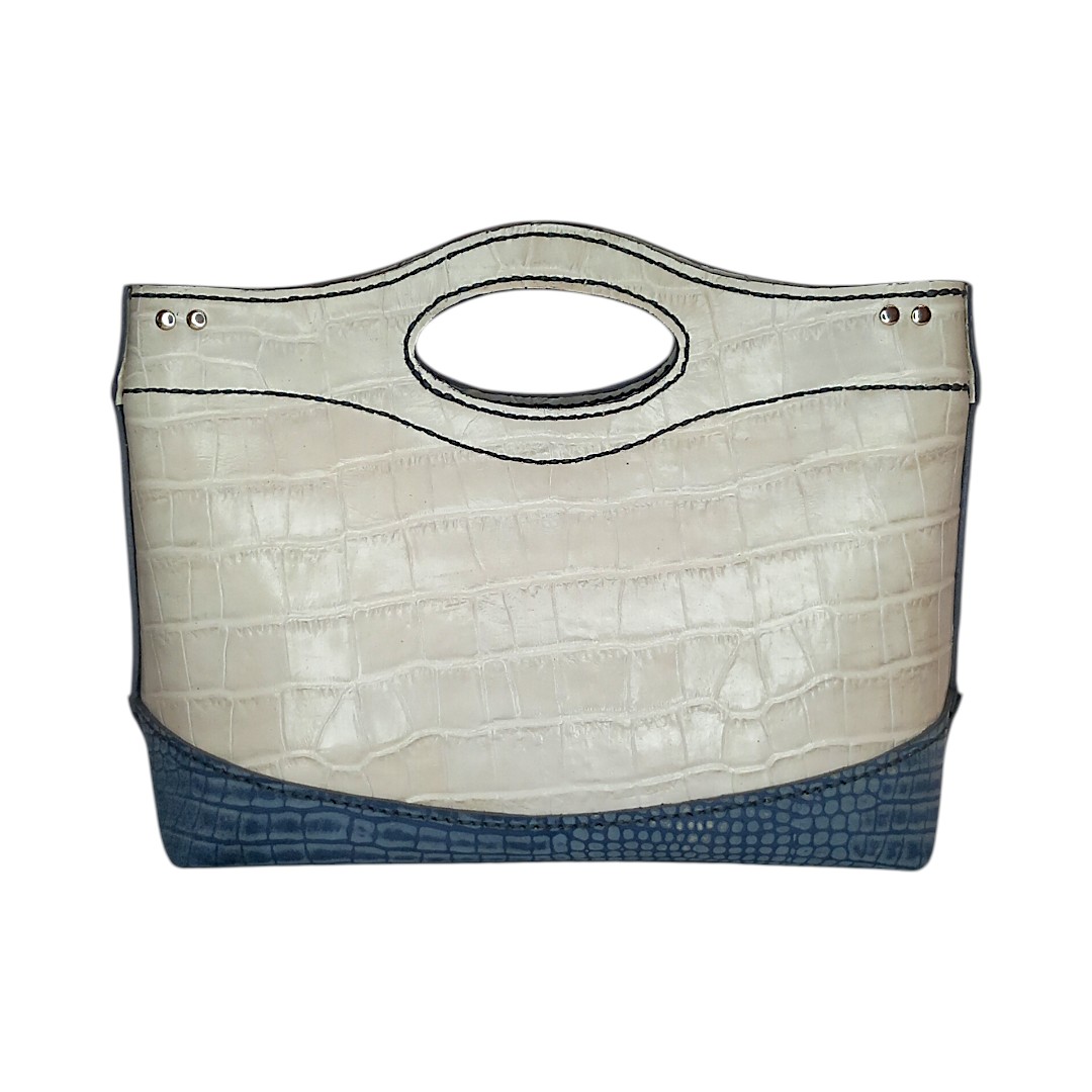 MARA handmade leather shoulder bag floral mosaic in ivory and slate blue