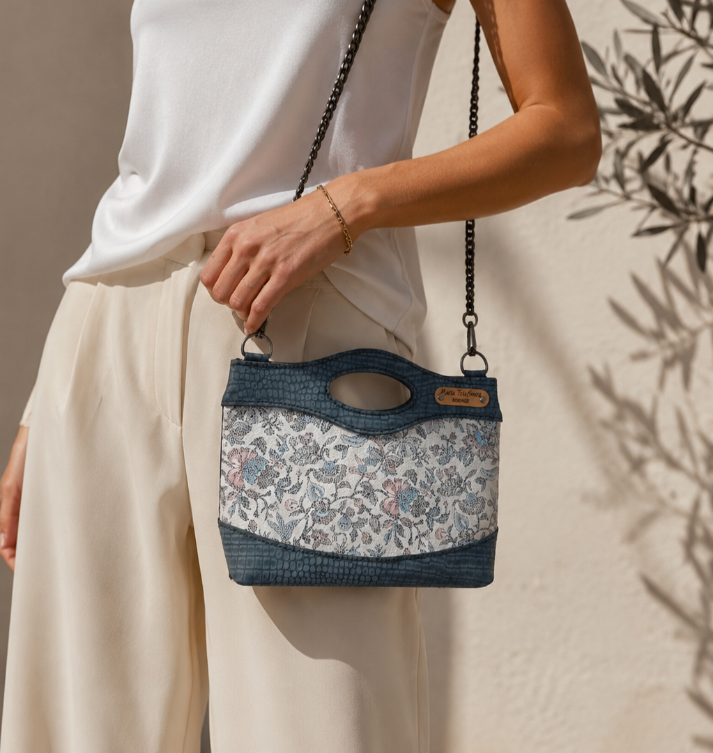 MARA handmade leather shoulder bag floral mosaic in ivory and slate blue
