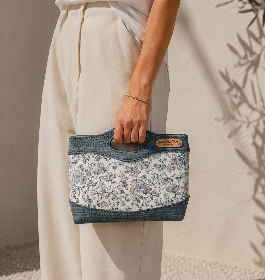 MARA handmade leather shoulder bag floral mosaic in ivory and slate blue
