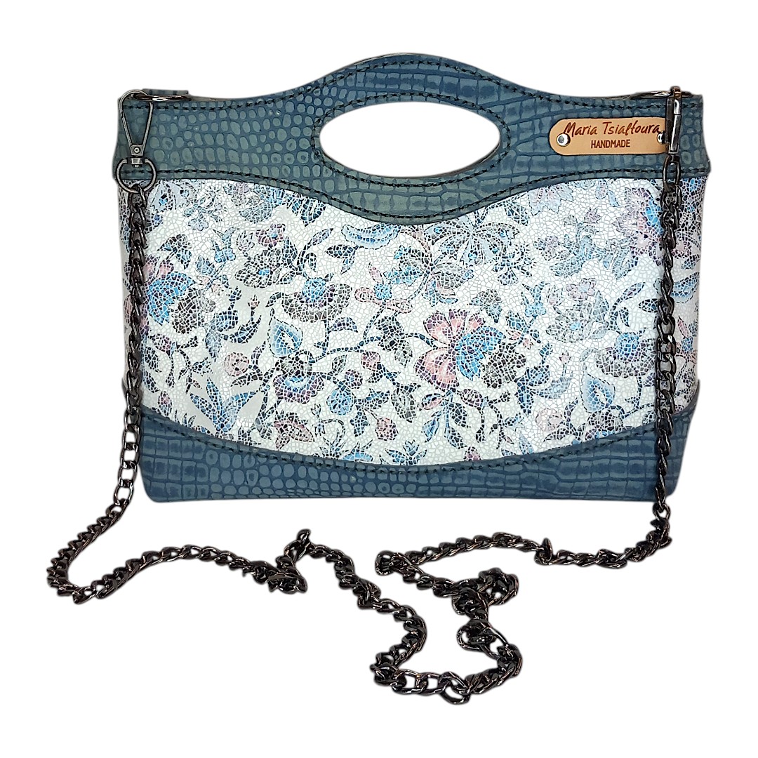 MARA handmade leather shoulder bag floral mosaic in ivory and slate blue