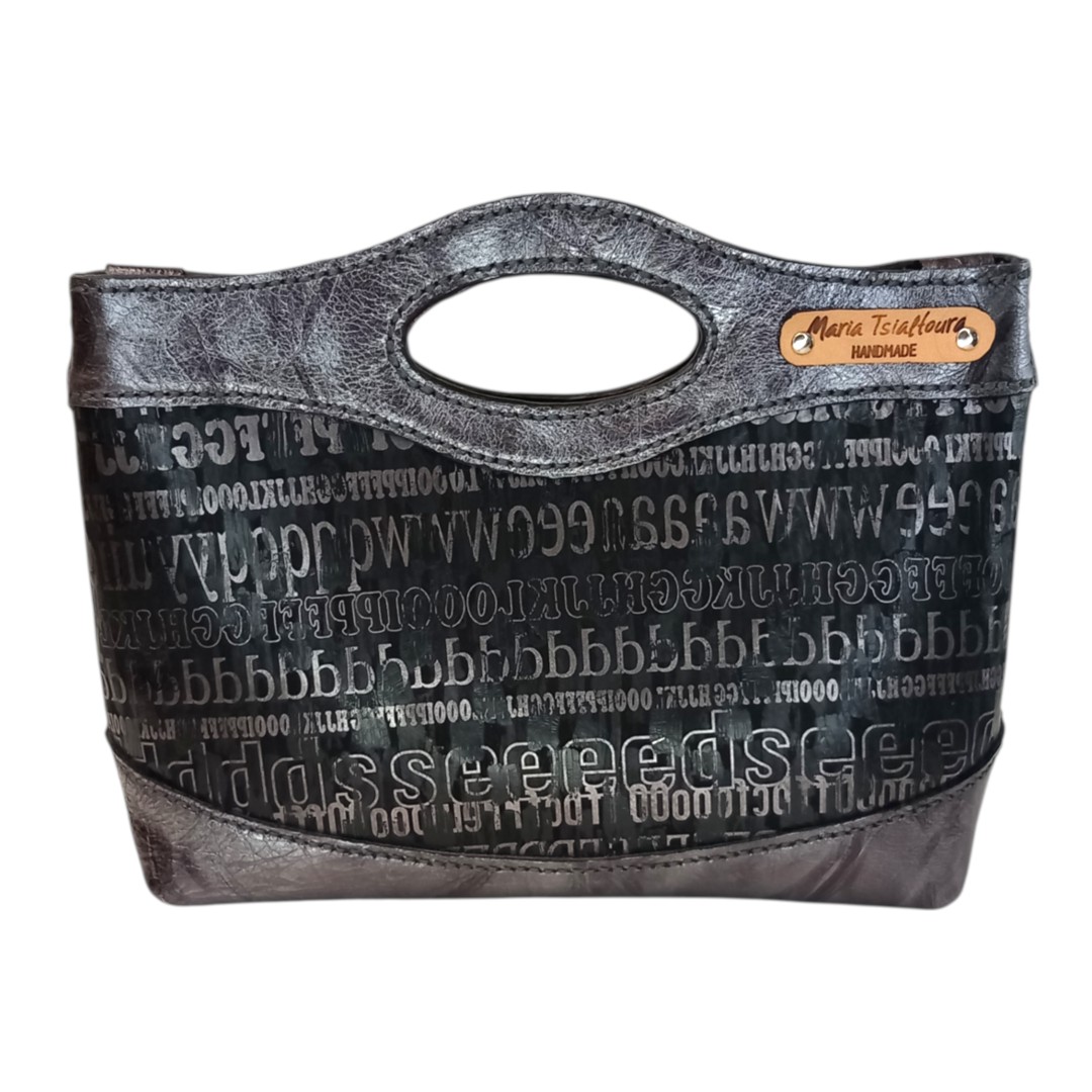 MARA typography top handle bag χειροποίητη δερμάτινη με μαύρο print