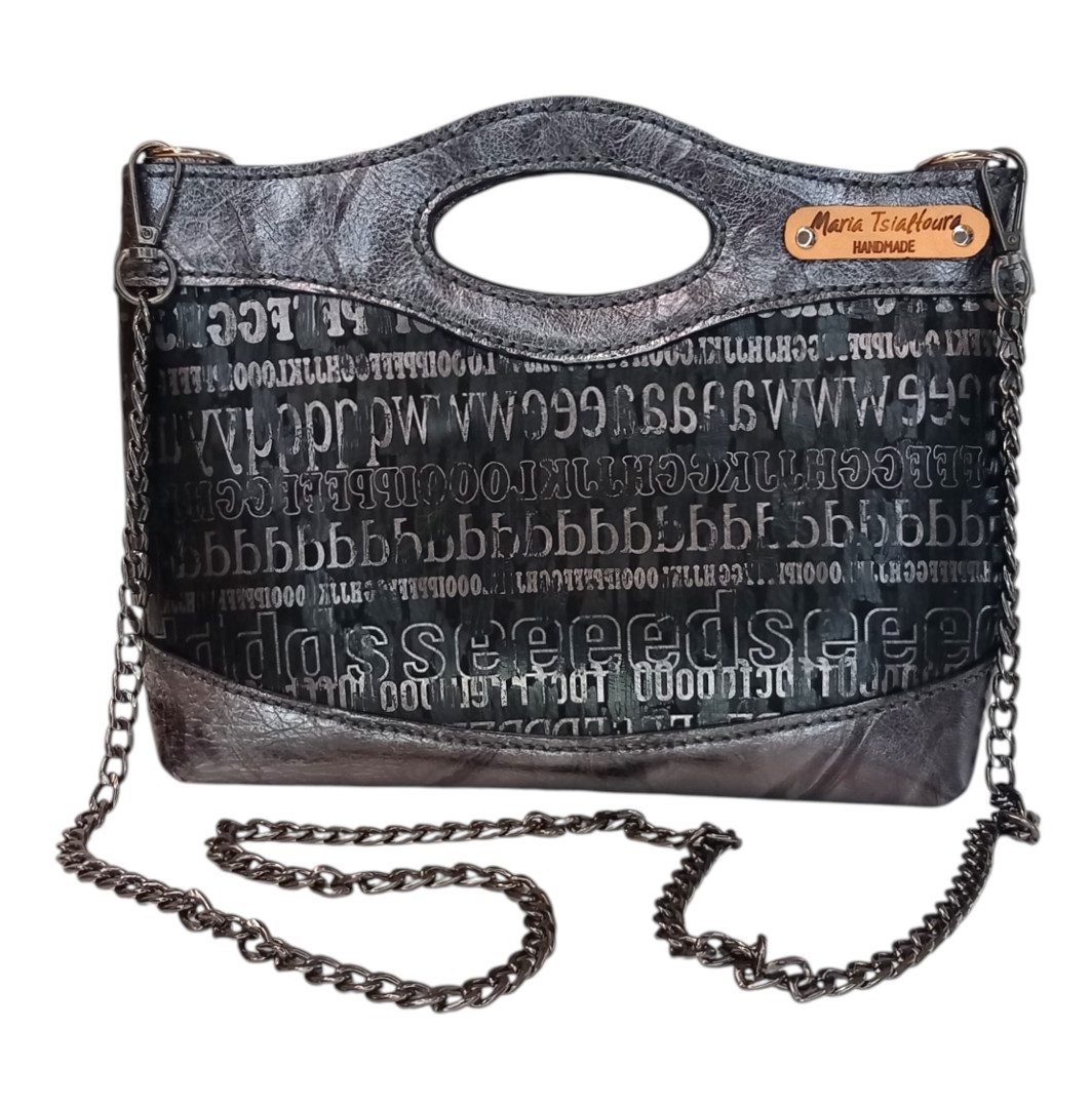 MARA typography top handle bag χειροποίητη δερμάτινη με μαύρο print