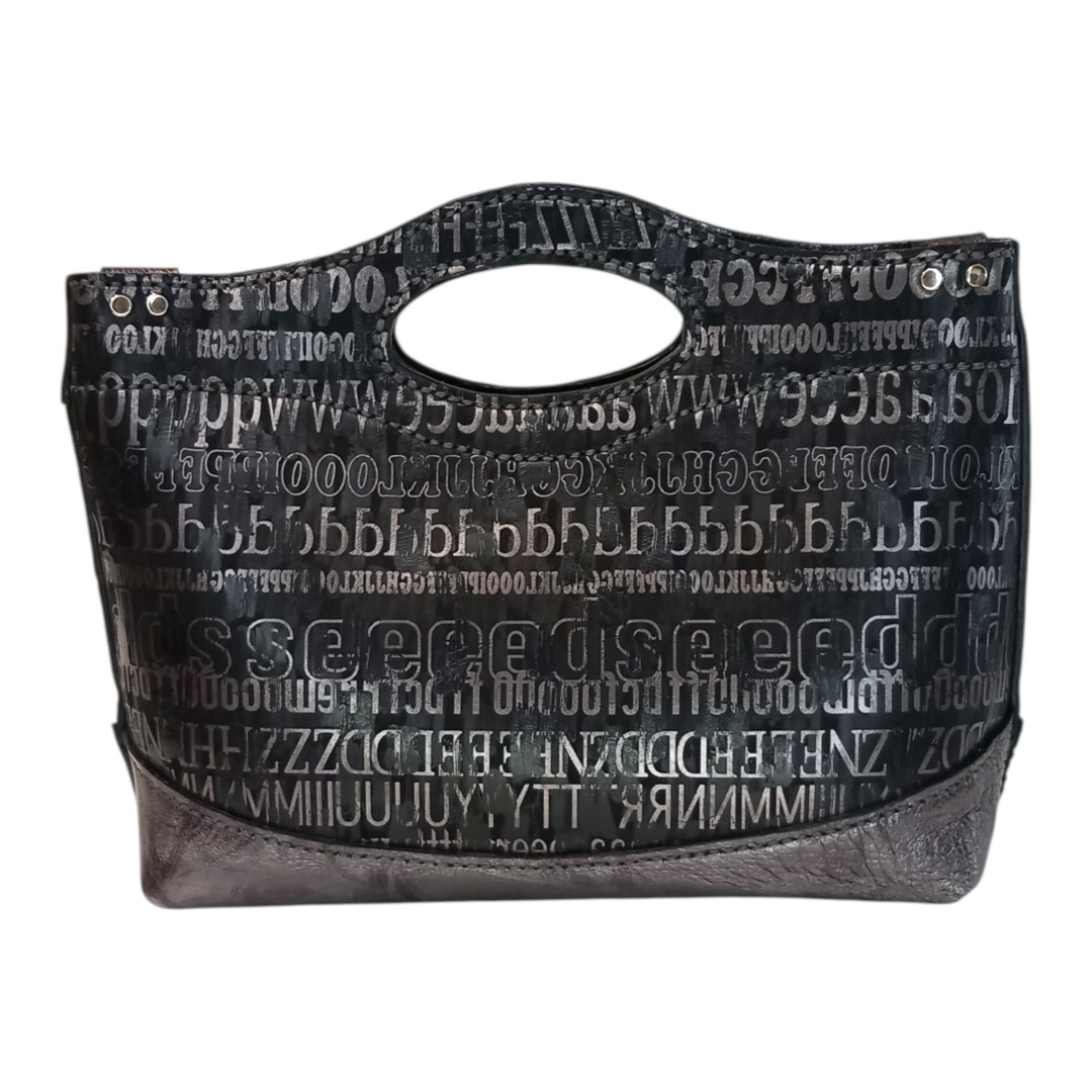 MARA typography top handle bag χειροποίητη δερμάτινη με μαύρο print