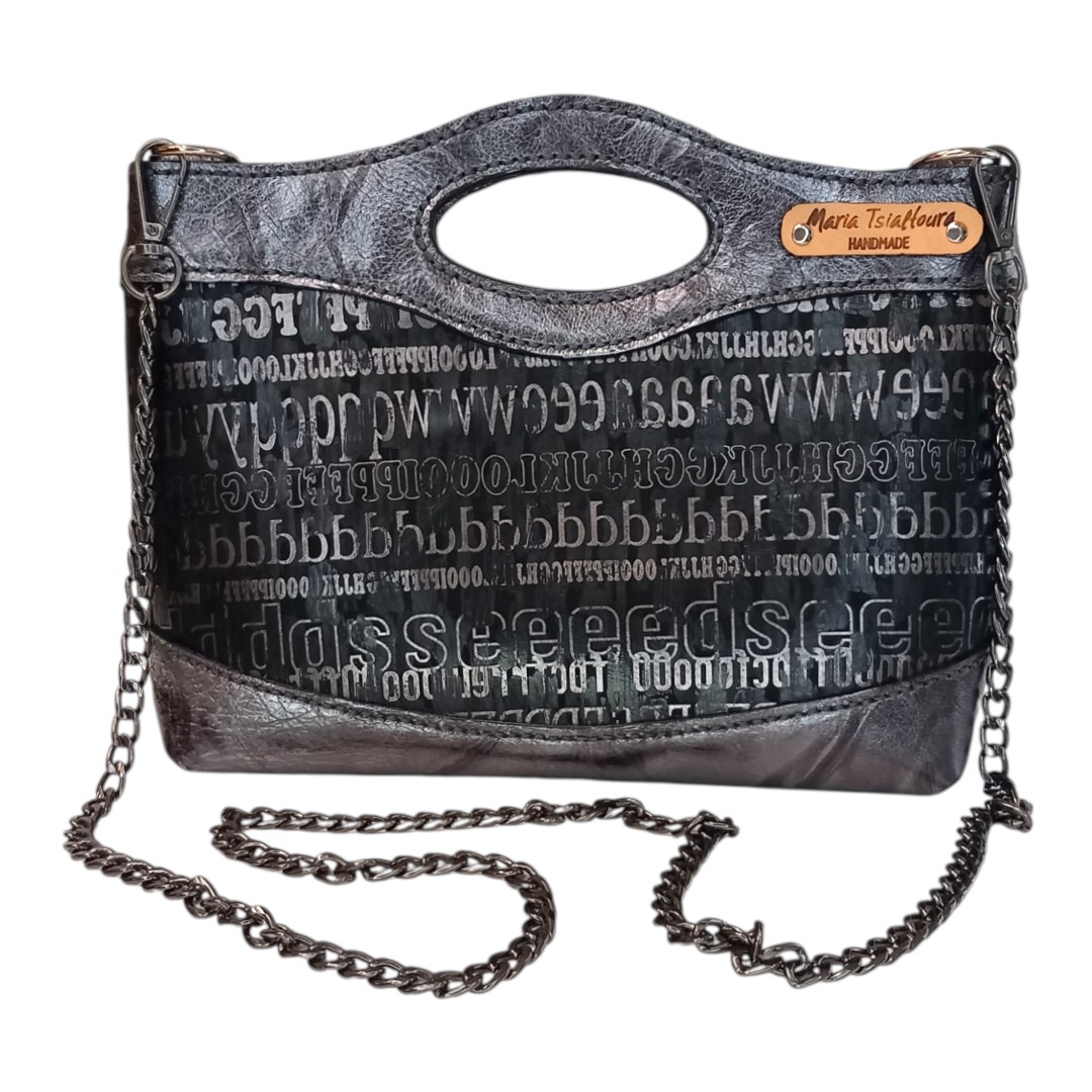 MARA typography top handle bag χειροποίητη δερμάτινη με μαύρο print