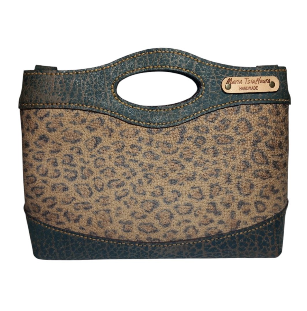 MARA animal print bag χειροποίητη δερμάτινη τσάντα γκρι μπλε με κρακελέ λεπτομέρειες
