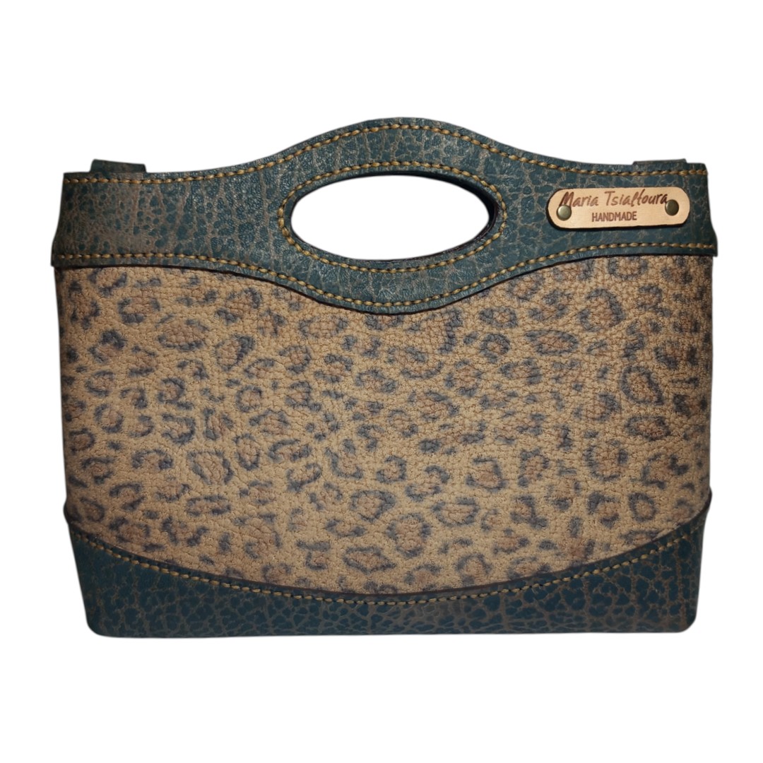 MARA animal print bag χειροποίητη δερμάτινη τσάντα γκρι μπλε με κρακελέ λεπτομέρειες