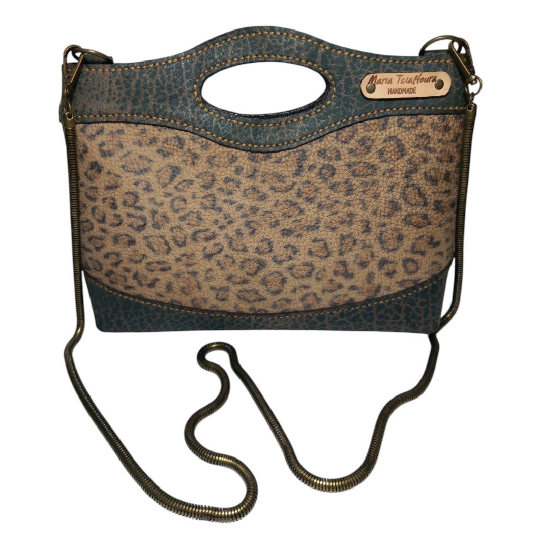 MARA animal print bag χειροποίητη δερμάτινη τσάντα γκρι μπλε με κρακελέ λεπτομέρειες