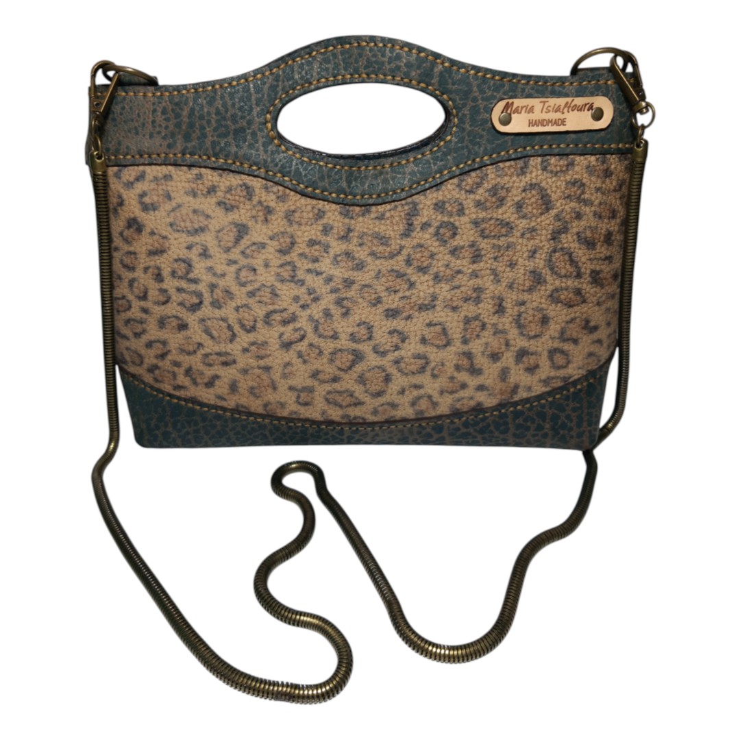 MARA animal print bag χειροποίητη δερμάτινη τσάντα γκρι μπλε με κρακελέ λεπτομέρειες
