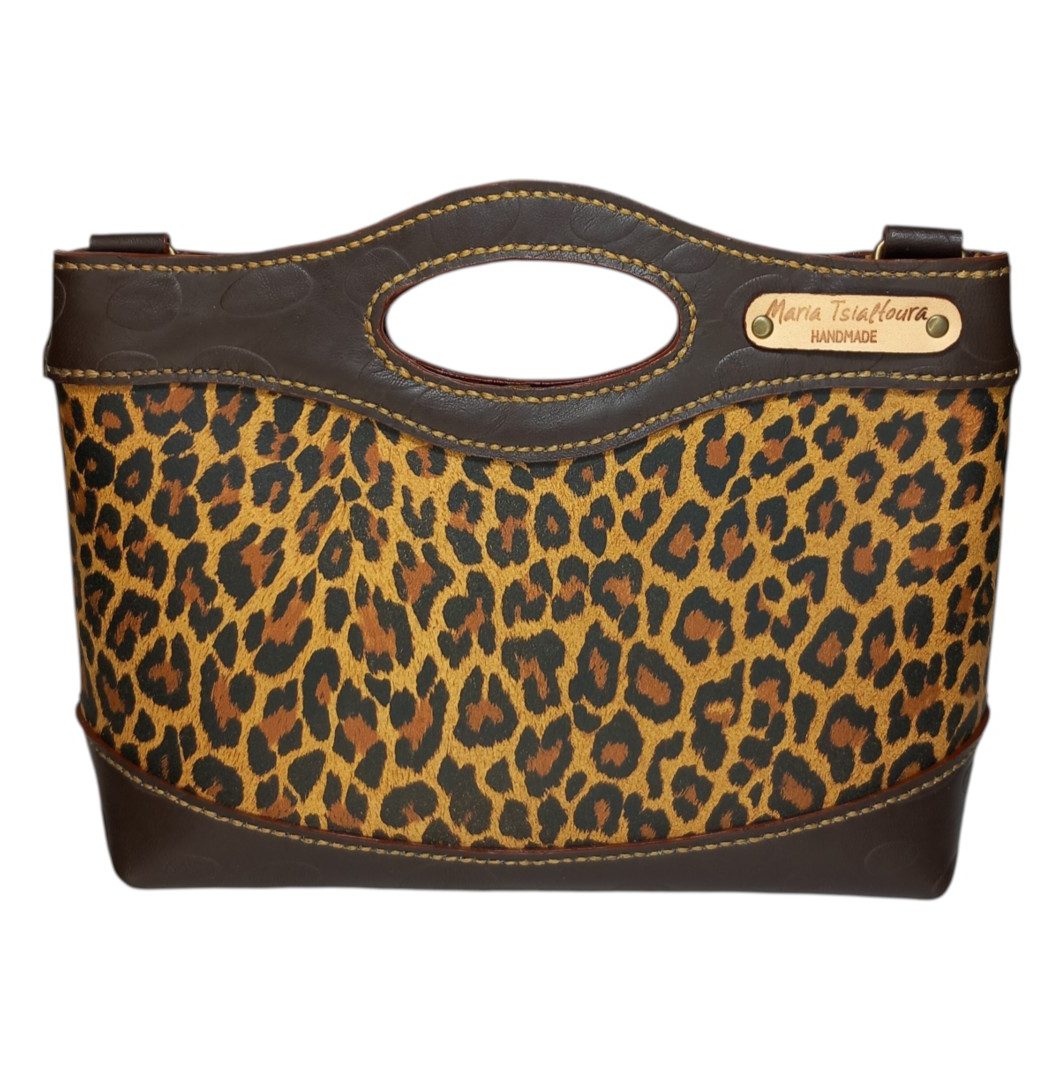 MARA leopard bag χειροποίητη δερμάτινη τσάντα σε σοκολατί χρώμα με leopard print
