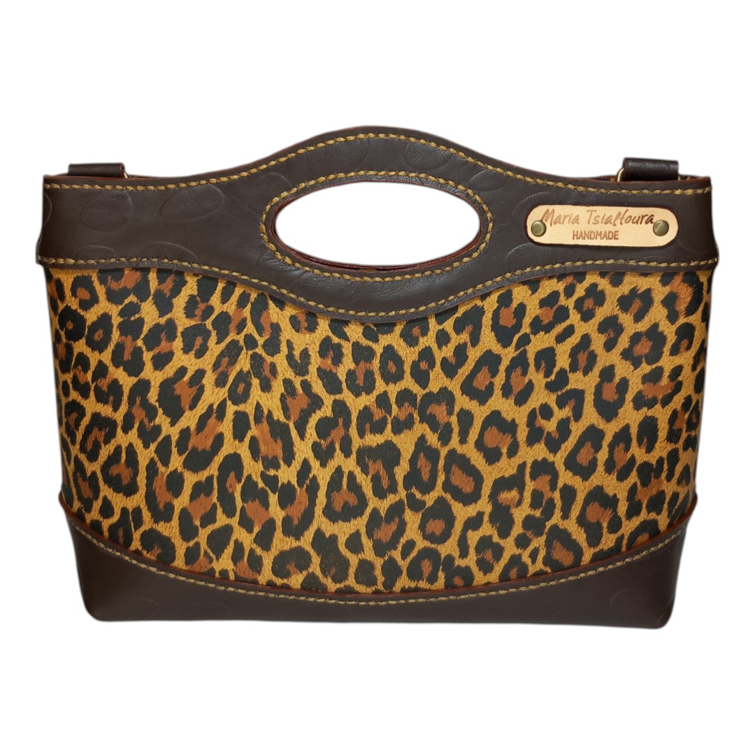 MARA leopard bag χειροποίητη δερμάτινη τσάντα σε σοκολατί χρώμα με leopard print