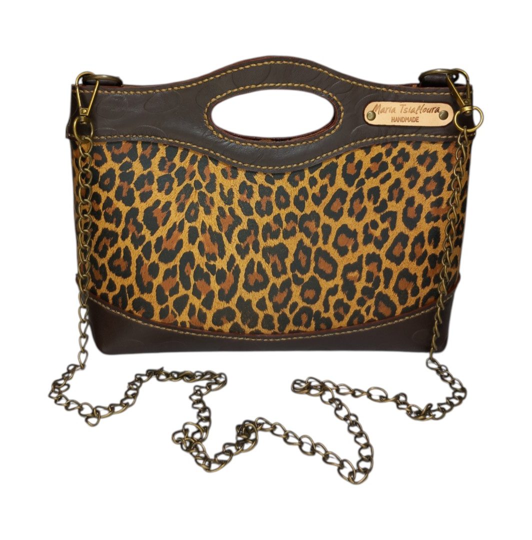 MARA leopard bag χειροποίητη δερμάτινη τσάντα σε σοκολατί χρώμα με leopard print