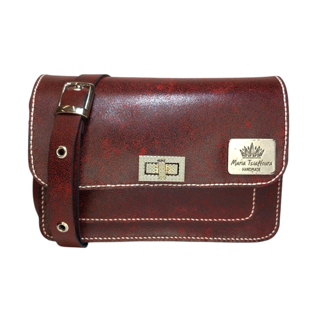 NOA χειροποίητη δερμάτινη crossbody bag Burgundy με craquelé φινίρισμα