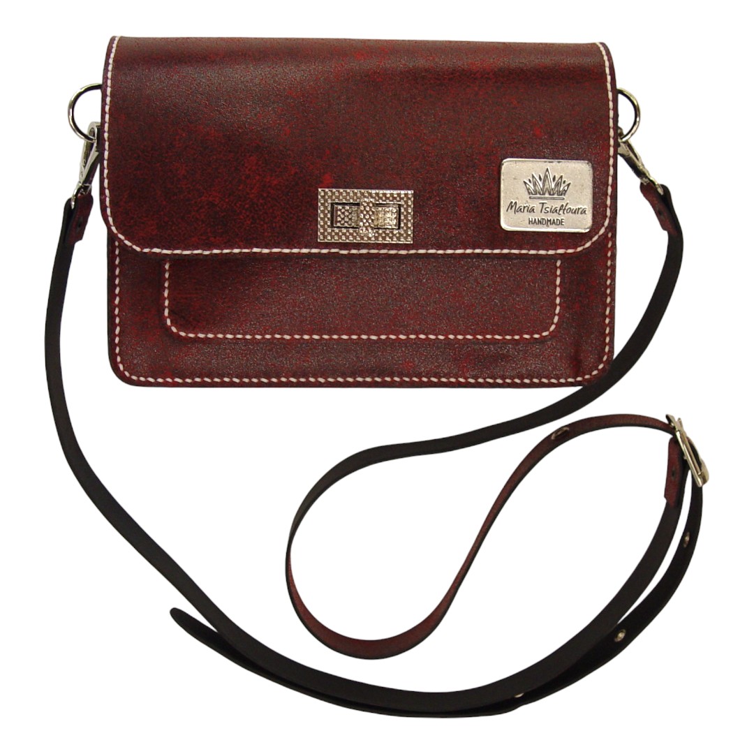 NOA χειροποίητη δερμάτινη crossbody bag Burgundy με craquelé φινίρισμα