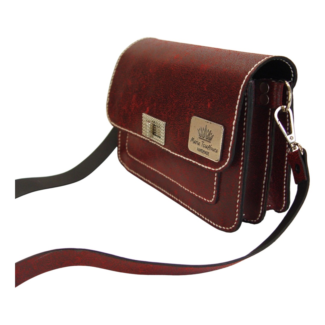NOA χειροποίητη δερμάτινη crossbody bag Burgundy με craquelé φινίρισμα