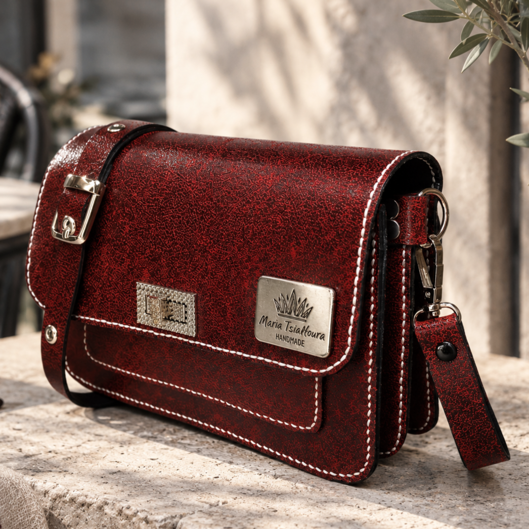 NOA χειροποίητη δερμάτινη crossbody bag Burgundy με craquelé φινίρισμα