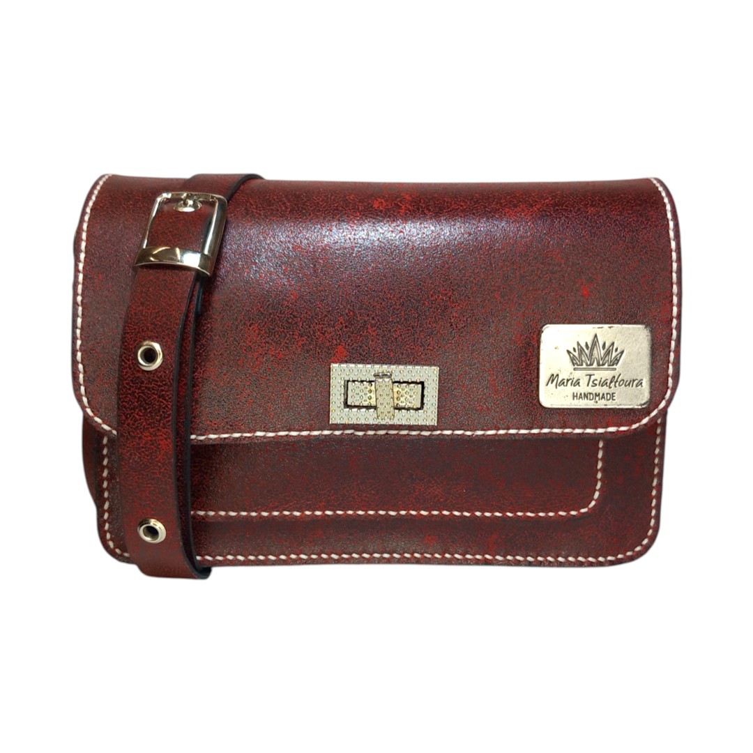 NOA χειροποίητη δερμάτινη crossbody bag Burgundy με craquelé φινίρισμα