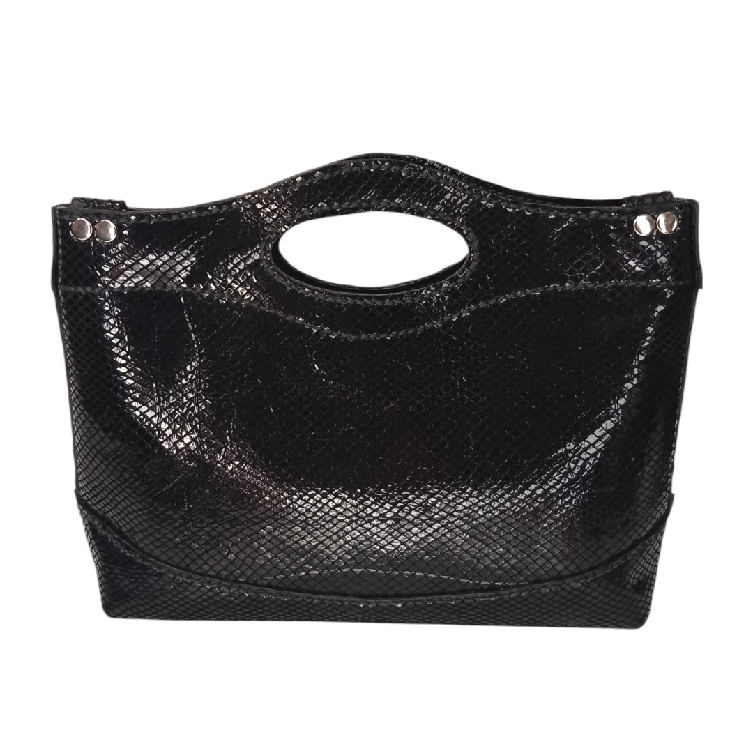Χειροποίητη δερμάτινη τσάντα MARA Black Glossy Snake με μαύρο γυαλιστερό τύπωμα φιδιού
