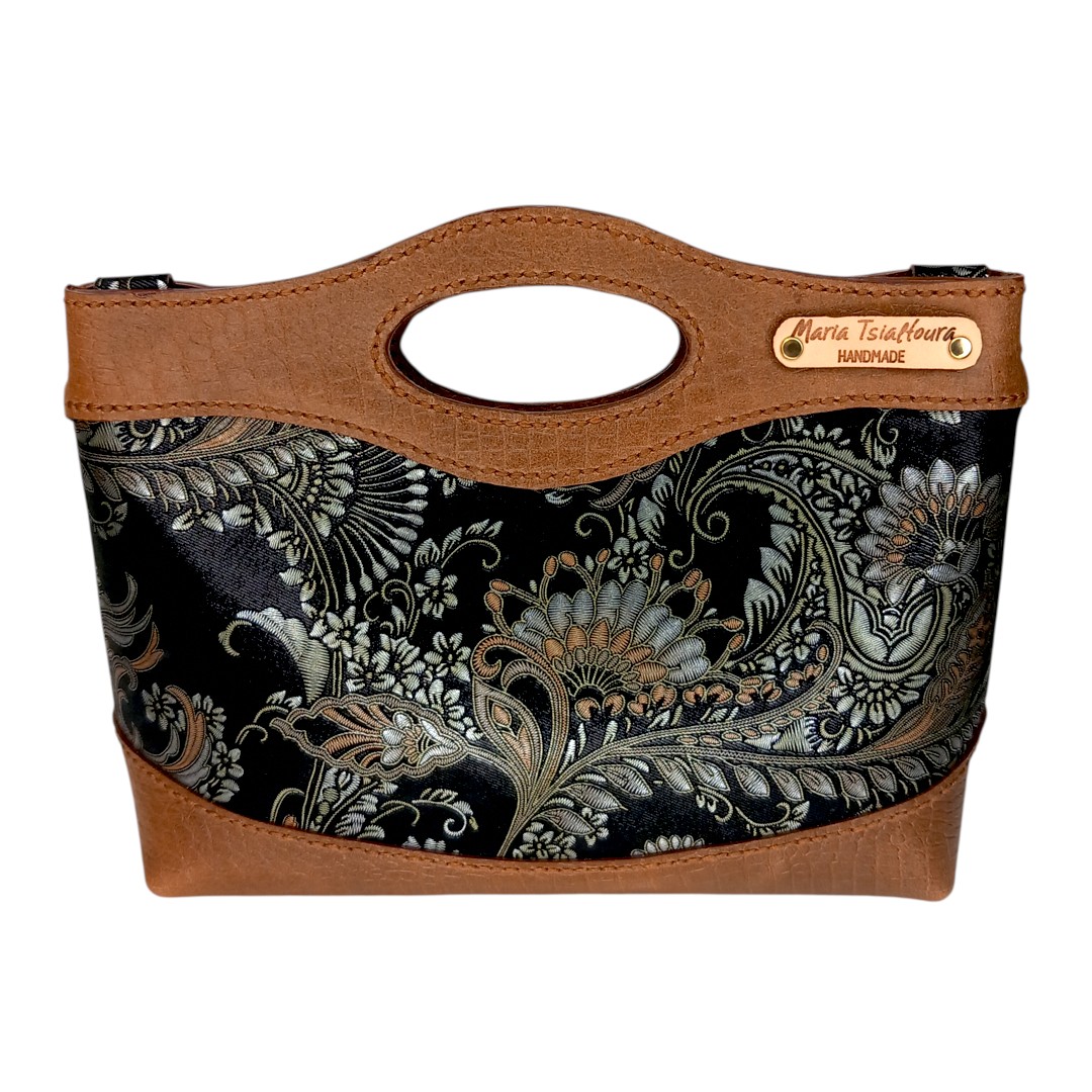 Χειροποίητη δερμάτινη τσάντα MARA Baroque Bronze με ταμπά croco λεπτομέρειες και χρυσή αλυσίδα