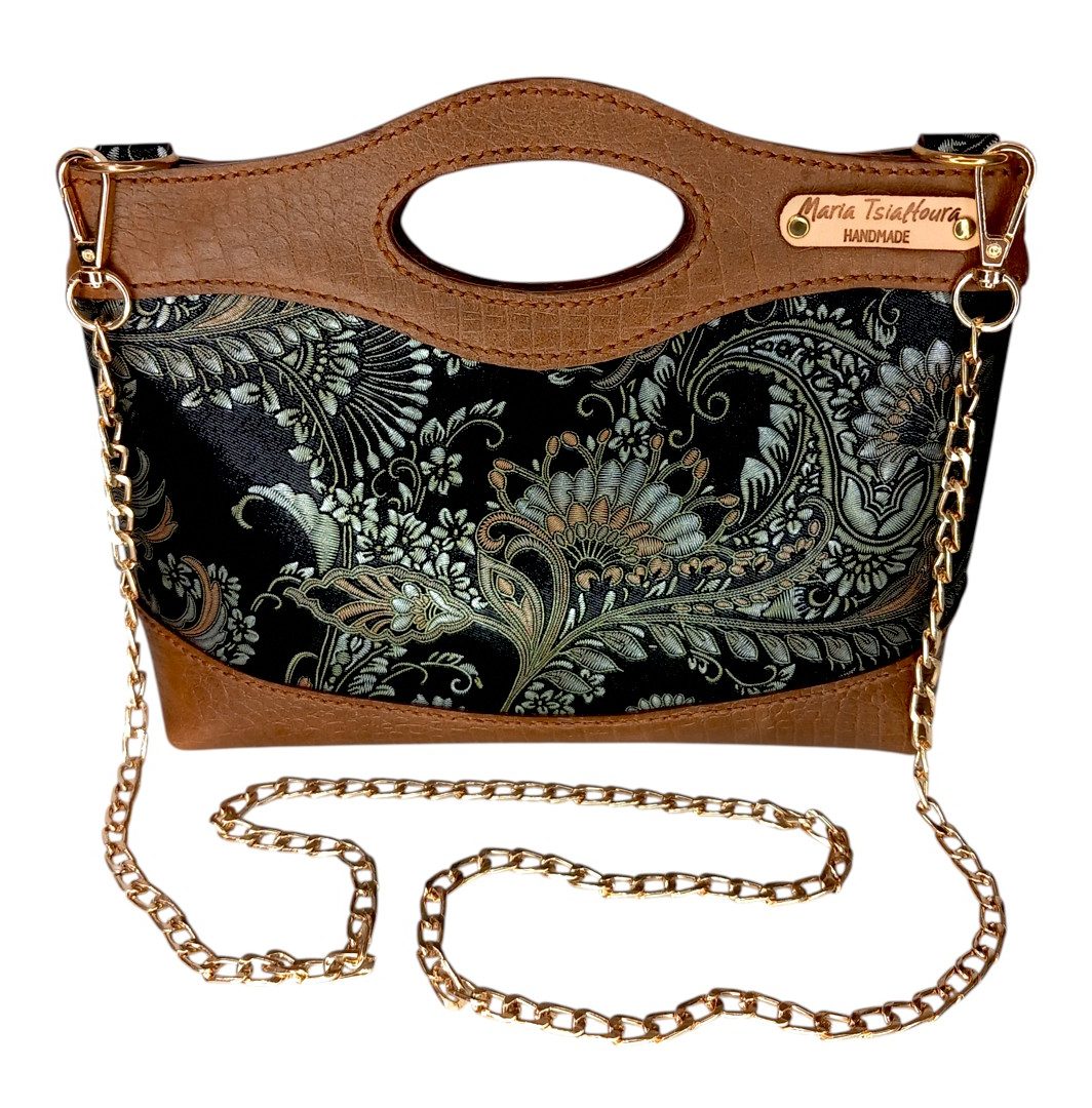 Χειροποίητη δερμάτινη τσάντα MARA Baroque Bronze με ταμπά croco λεπτομέρειες και χρυσή αλυσίδα
