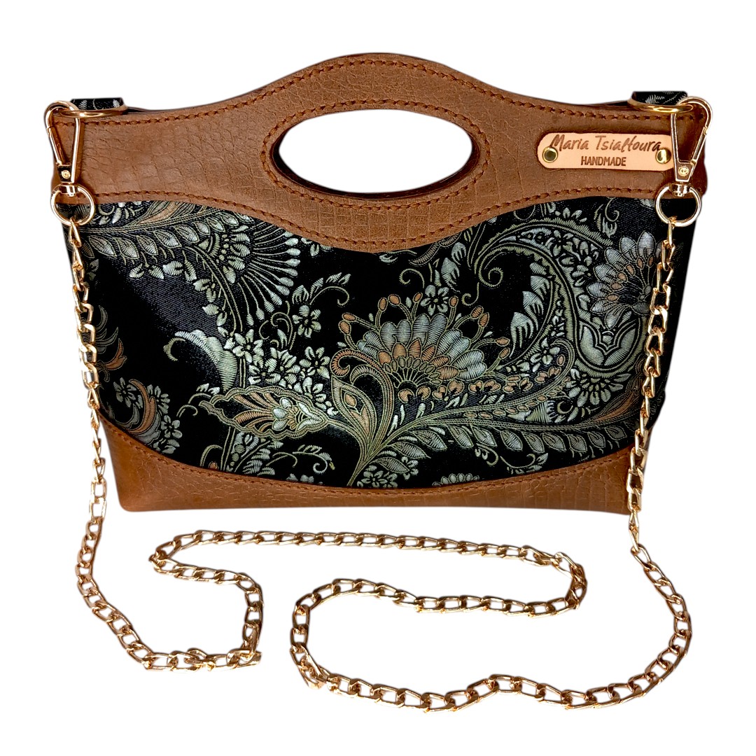 Χειροποίητη δερμάτινη τσάντα MARA Baroque Bronze με ταμπά croco λεπτομέρειες και χρυσή αλυσίδα