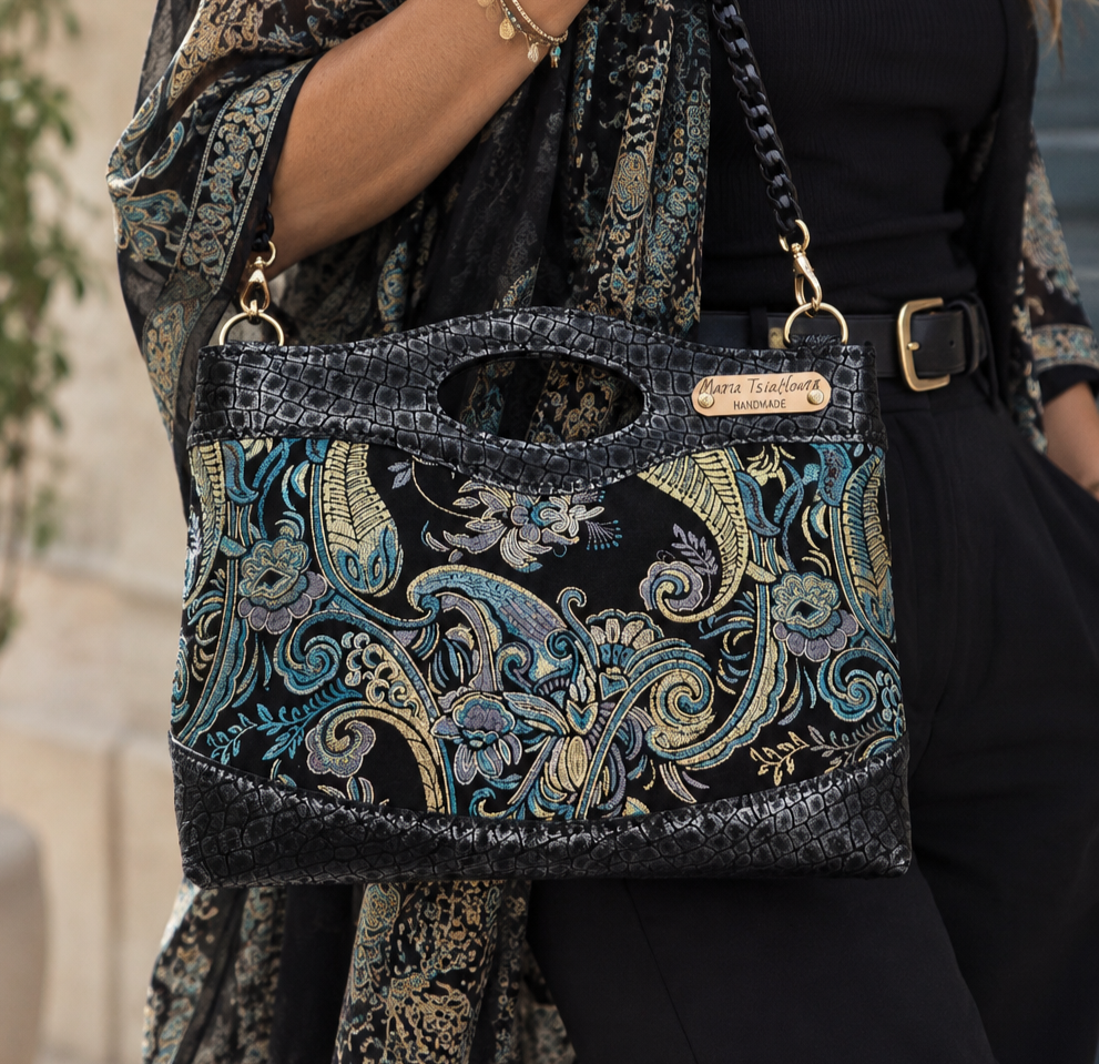 Χειροποίητη δερμάτινη τσάντα MARA Baroque Pastel με παστέλ μοτίβο και μαύρες croco λεπτομέρειες