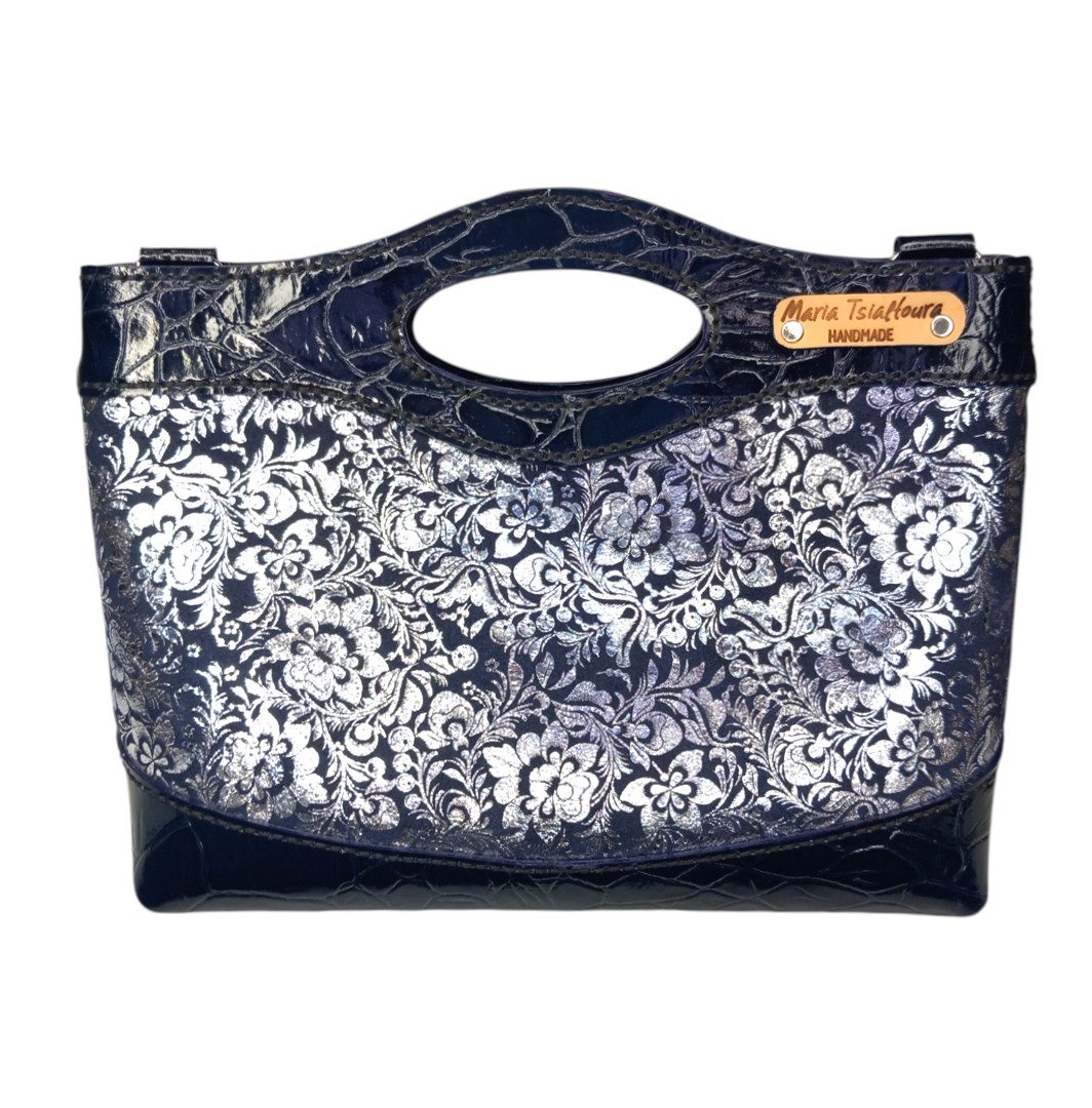 Χειροποίητη δερμάτινη τσάντα MARA Navy Blue Floral με ασημί floral σχέδιο και navy blue glossy croco λεπτομέρειες