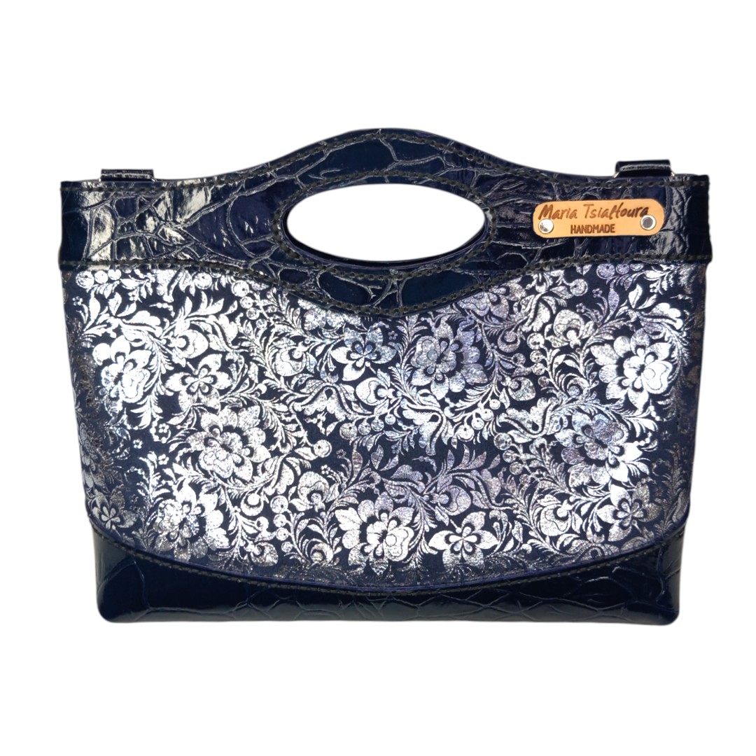 Χειροποίητη δερμάτινη τσάντα MARA Navy Blue Floral με ασημί floral σχέδιο και navy blue glossy croco λεπτομέρειες
