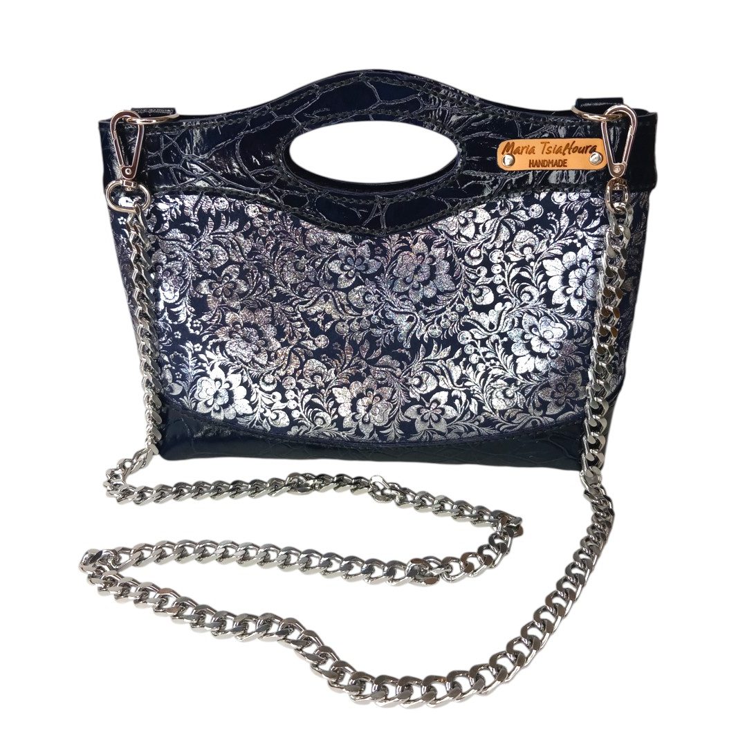 Χειροποίητη δερμάτινη τσάντα MARA Navy Blue Floral με ασημί floral σχέδιο και navy blue glossy croco λεπτομέρειες