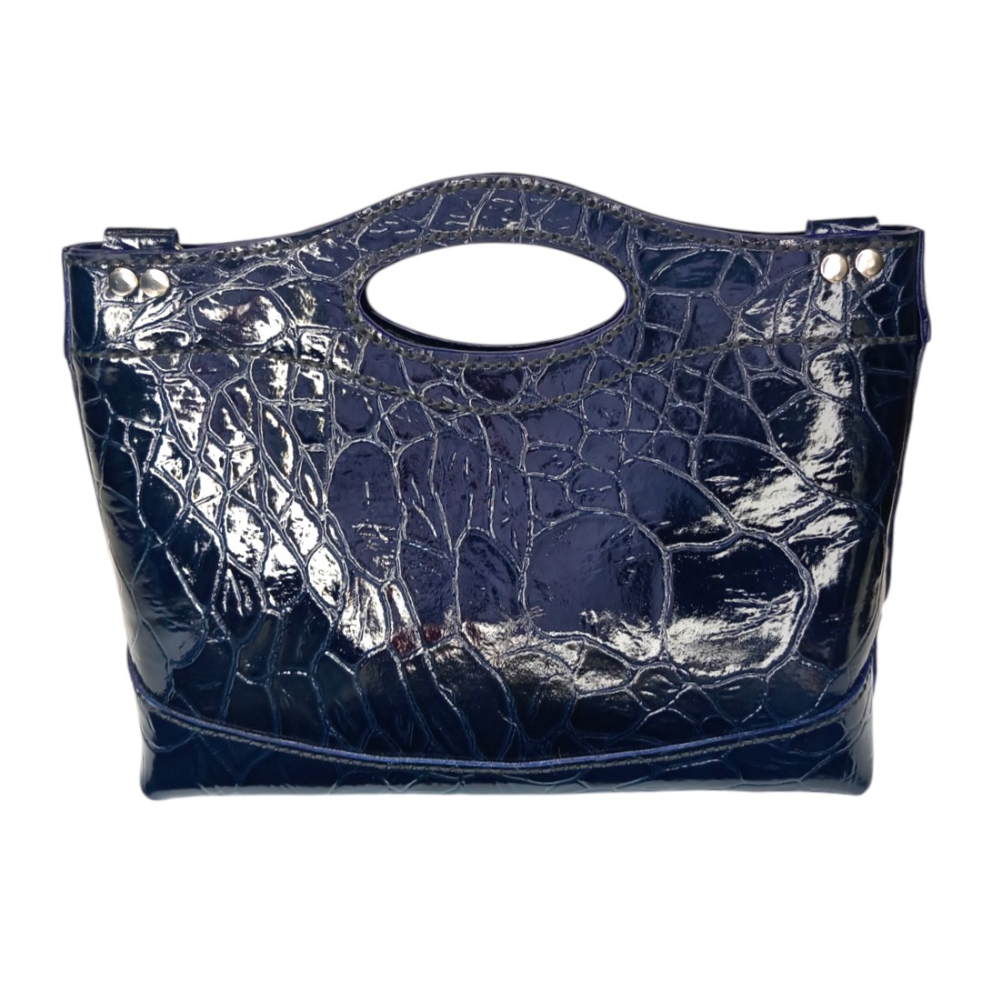 Χειροποίητη δερμάτινη τσάντα MARA Navy Blue Floral με ασημί floral σχέδιο και navy blue glossy croco λεπτομέρειες