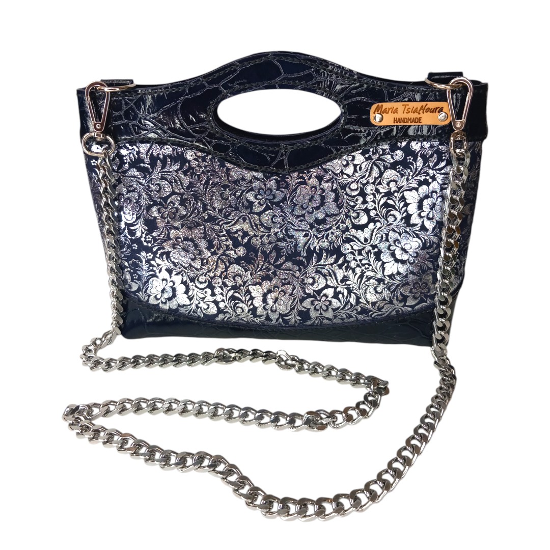 Χειροποίητη δερμάτινη τσάντα MARA Navy Blue Floral με ασημί floral σχέδιο και navy blue glossy croco λεπτομέρειες